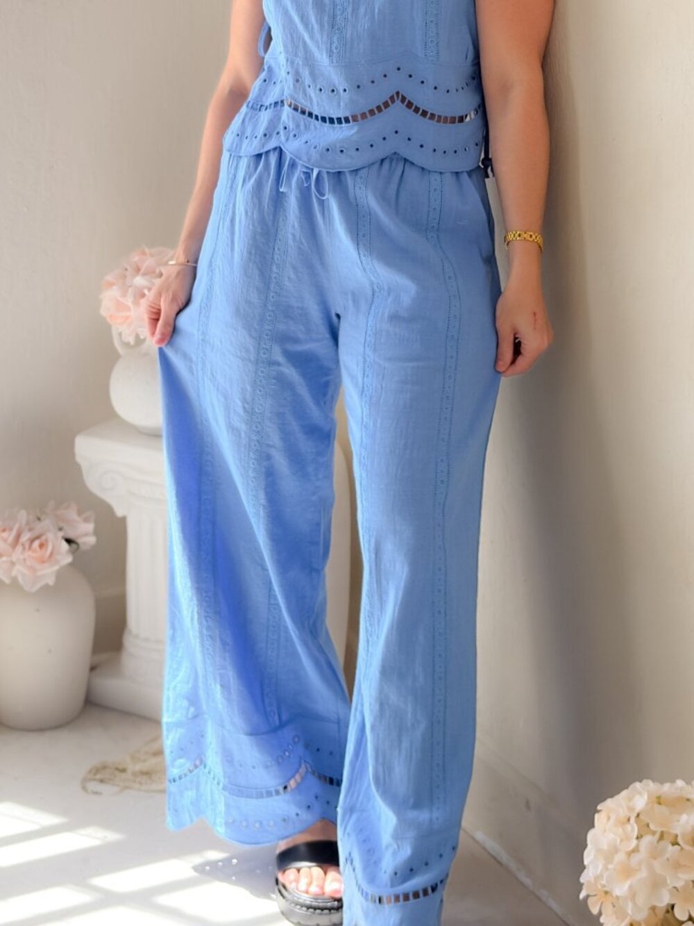 LAST ONE Blue Eyelet Wide Leg Pants